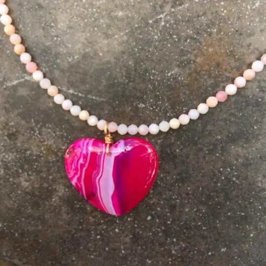 Women’s Pink Agate Heart Pendant & Pink Opal Gemstone Necklace