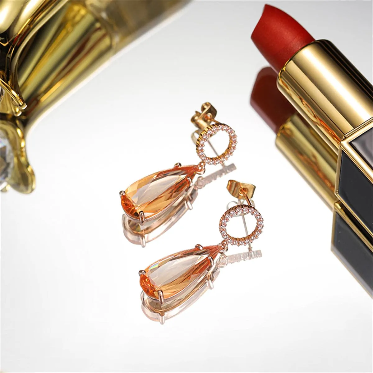 Yellow Crystal & Cubic Zirconia Circle Teardrop Earrings