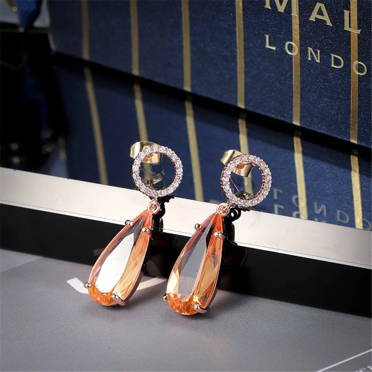 Yellow Crystal & Cubic Zirconia Circle Teardrop Earrings